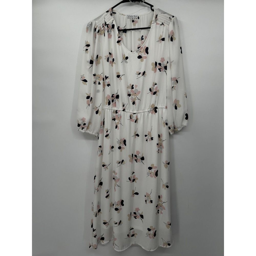 Ophelia Roe Medium Midi Dress Womens‎ White Floral Smocked V-Neck Long Sleeve